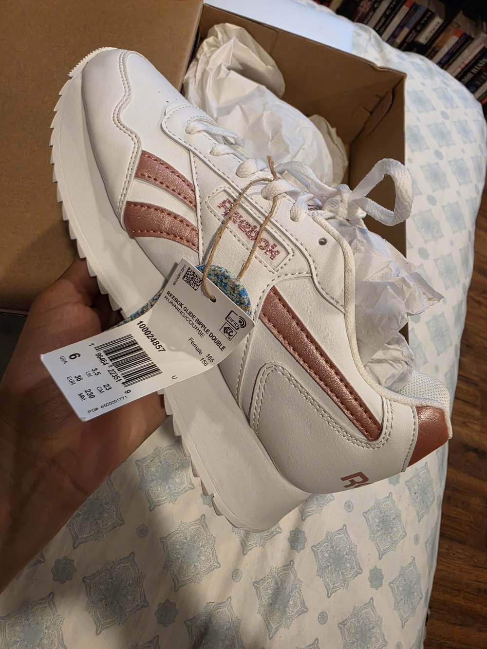 Women Reebok White Sneakers with Rose Metallic Accents
